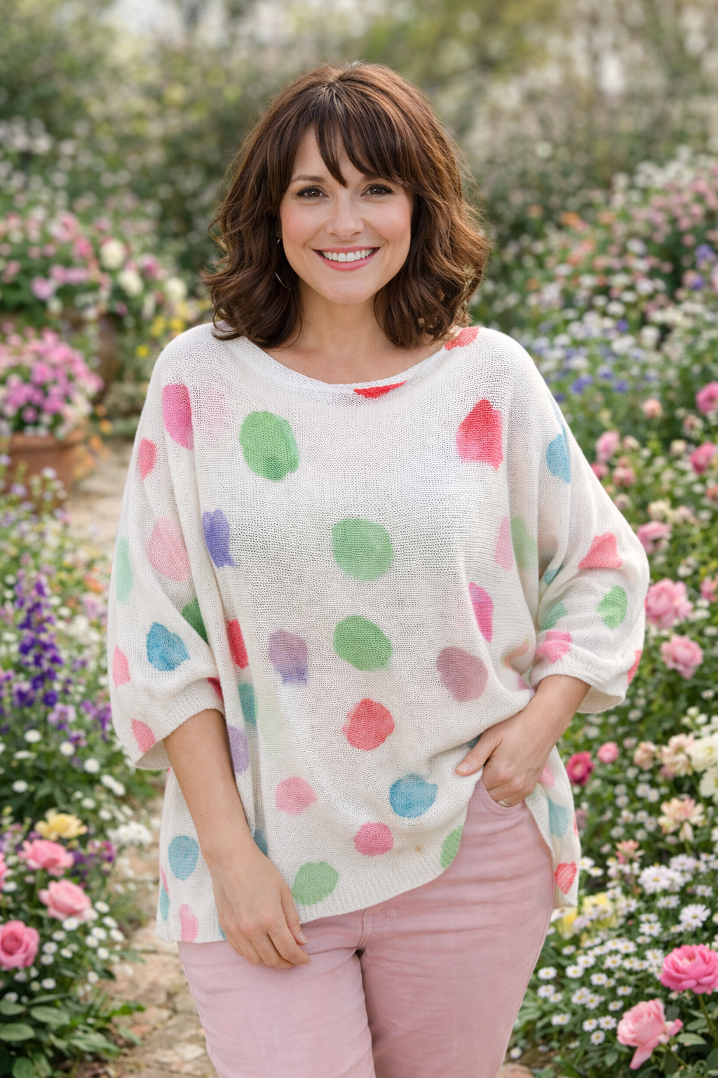 Woman wearing a colorful polka dot sweater in a garden setting
