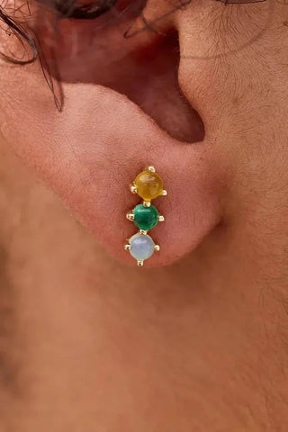 Close-up of an ear with a gold earring featuring three colored gemstones.