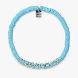 Light blue beaded necklace with a silver clasp on a white background