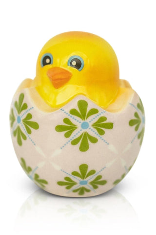 Yellow chick in an egg with floral pattern on a white background