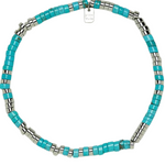 Turquoise beaded necklace with silver accents on a white background