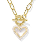 Gold necklace with a heart-shaped pendant on a white background