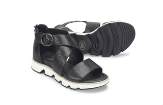 Black sandals with white soles on a white background