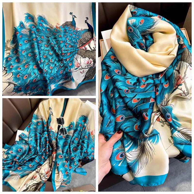 Collage of a blue peacock patterned scarf with a person holding it.