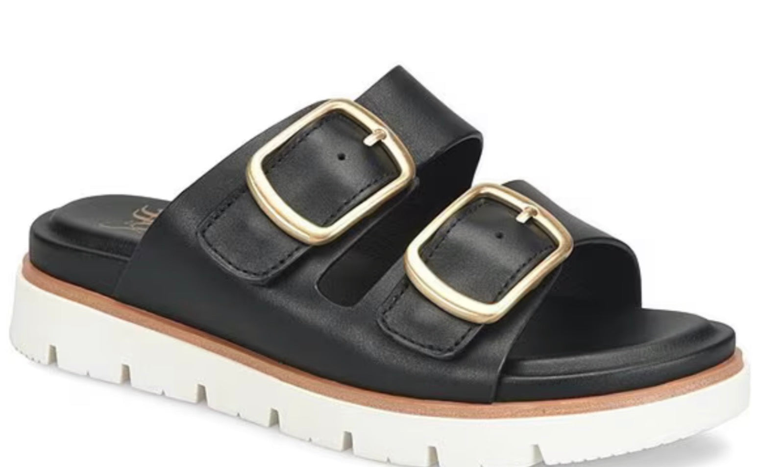 Black sandal with gold buckles on a white background