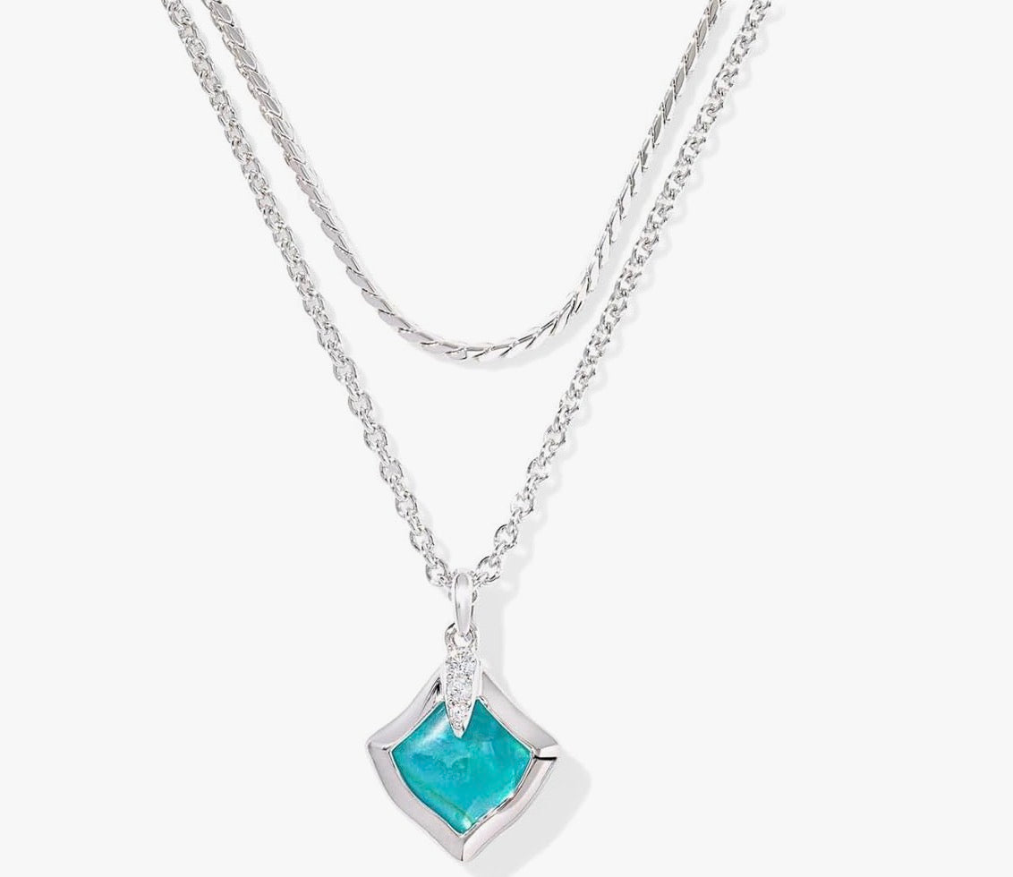 DOUBLE necklace in rhodium with aqua stone