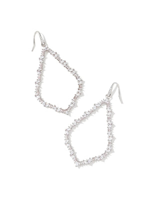 Pair of silver teardrop-shaped earrings on a white background