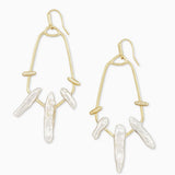 Gold hoop earrings with pearl-like beads on a white background