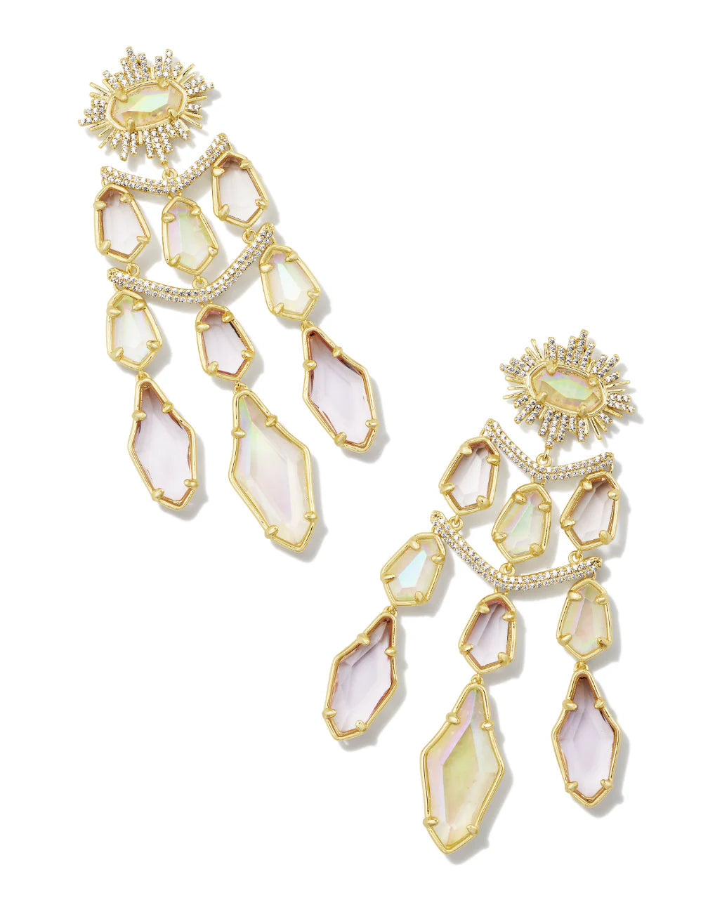 Gold and white gemstone earrings on a white background