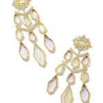 Gold and white gemstone earrings on a white background