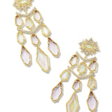 Gold and white gemstone earrings on a white background