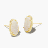 Iridescent drusy stone with gold earrings.