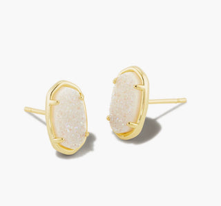 Iridescent drusy stone with gold earrings.