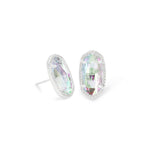 Pair of earrings with iridescent gemstones on a white background