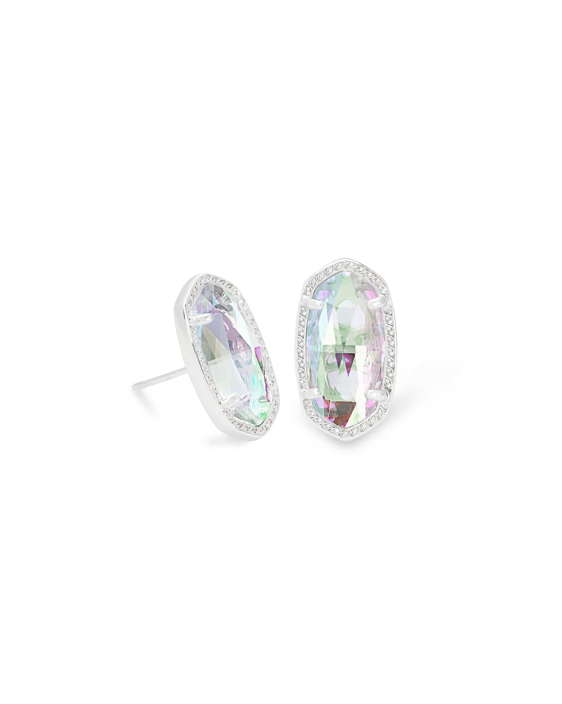 Pair of earrings with iridescent gemstones on a white background