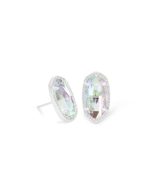Pair of earrings with iridescent gemstones on a white background