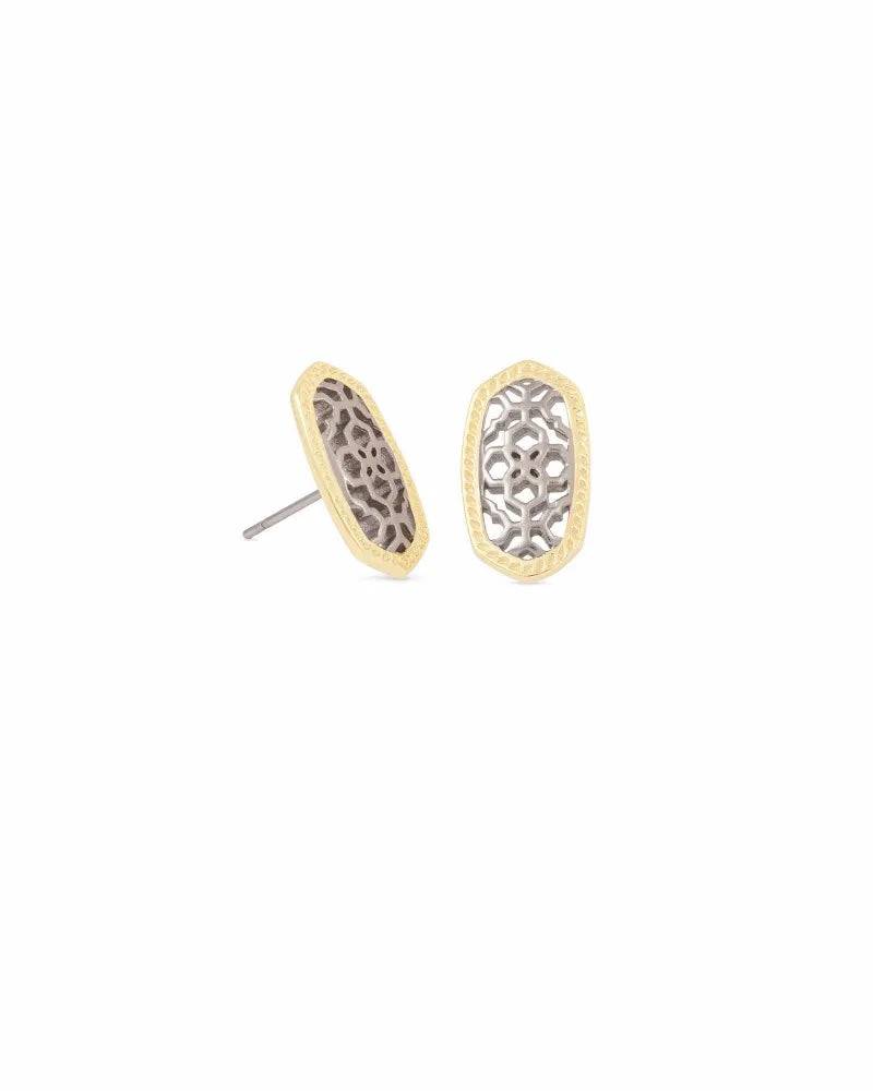 Pair of gold and silver earrings on a white background