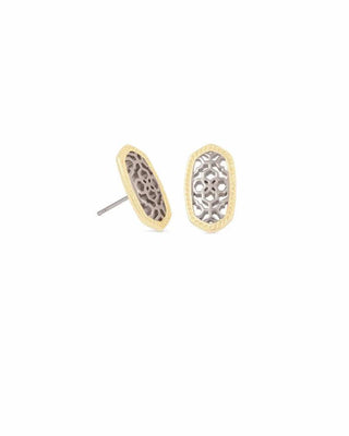 Pair of gold and silver earrings on a white background