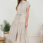 Striped dress with belt on model