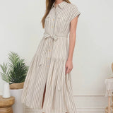 Striped dress with belt on model