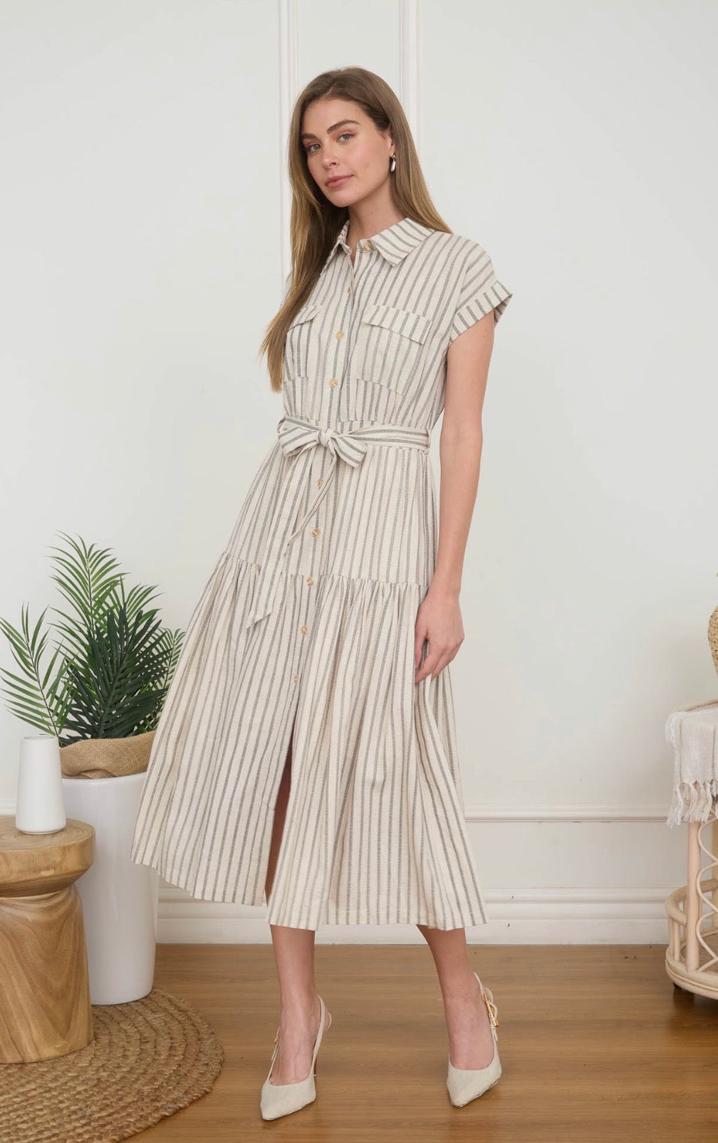 Striped dress with belt on model