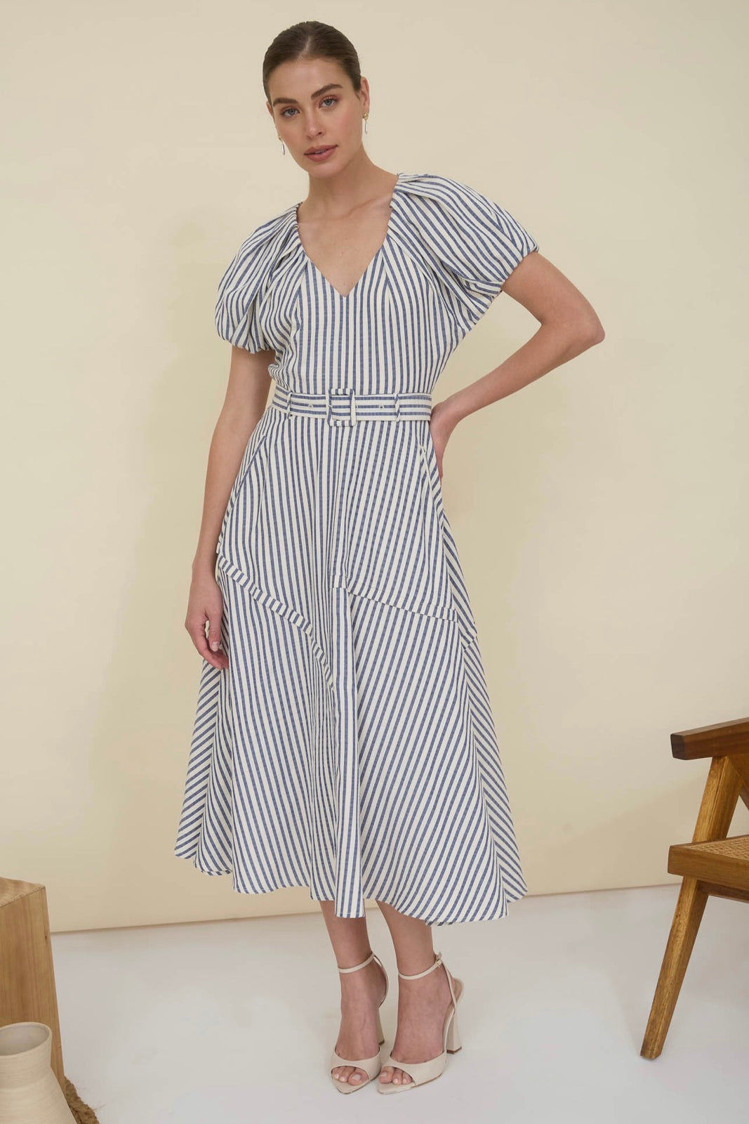 Blue and white striped dress on model