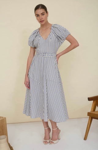 Blue and white striped dress on model