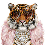 A stylized watercolor illustration of a tiger wearing oversized leopard-print sunglasses, a pink fluffy collar, and a large jeweled necklace, on a white background.