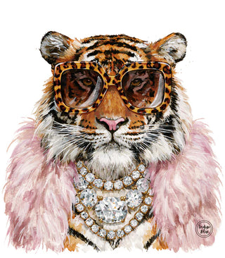 A stylized watercolor illustration of a tiger wearing oversized leopard-print sunglasses, a pink fluffy collar, and a large jeweled necklace, on a white background.
