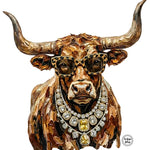 A stylized bull head sculpture wearing oversized leopard-print sunglasses and a jeweled necklace, shown on a plain white background. A small 'Trader Blue' logo appears at the lower right.