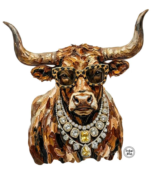 A stylized bull head sculpture wearing oversized leopard-print sunglasses and a jeweled necklace, shown on a plain white background. A small 'Trader Blue' logo appears at the lower right.