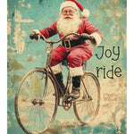 Vintage-style Christmas art print featuring Santa Claus riding a bicycle with the words 'Joy ride.' on a distressed teal and cream background.