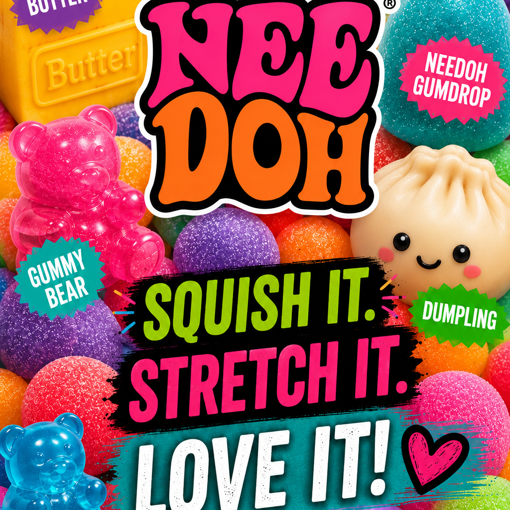 Nee Doh Squish It Stretch It Love It! candy box cover featuring colorful squishy gummy characters and bold playful text on a bright multicolor background.