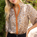Stripe Placket Detail Leopard Print Metallic Top