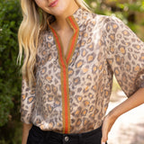Stripe Placket Detail Leopard Print Metallic Top