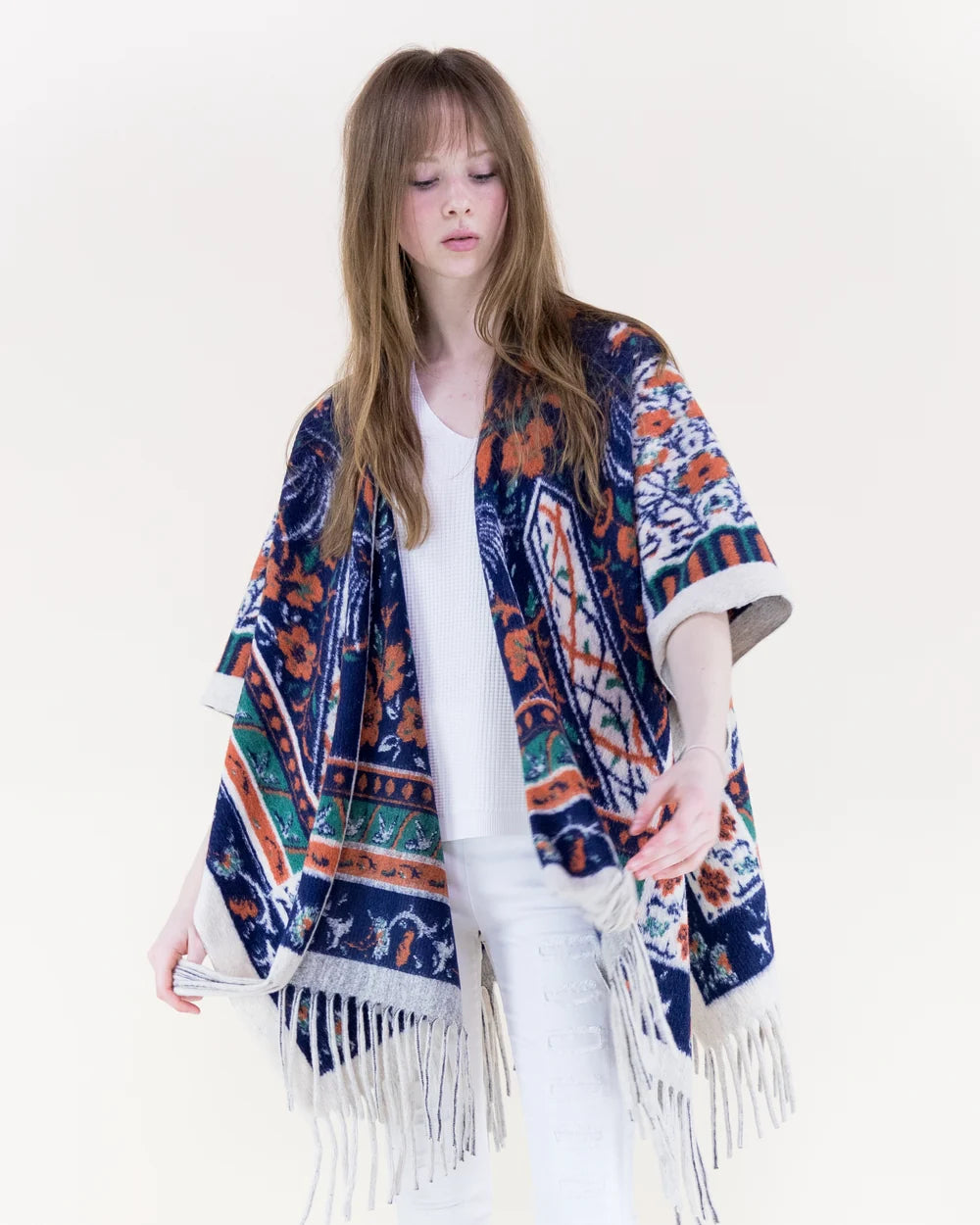Wild Bloom Tapestry Ruana Wrap, Navy, One Size