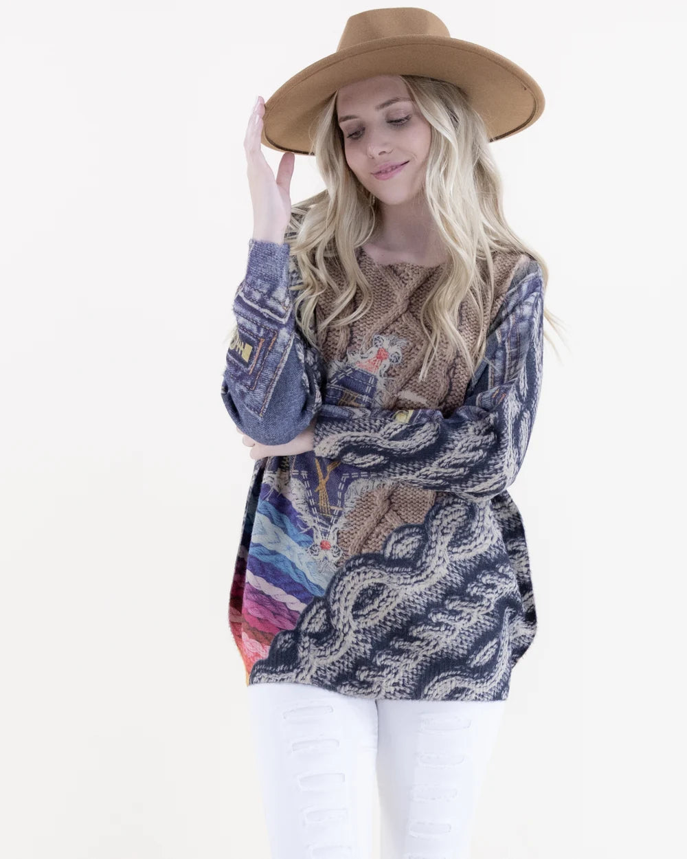 Denim Star Knit Digitally Printed Crew Neck Sweater, Khaki Denim