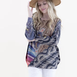 Denim Star Knit Digitally Printed Crew Neck Sweater, Khaki Denim