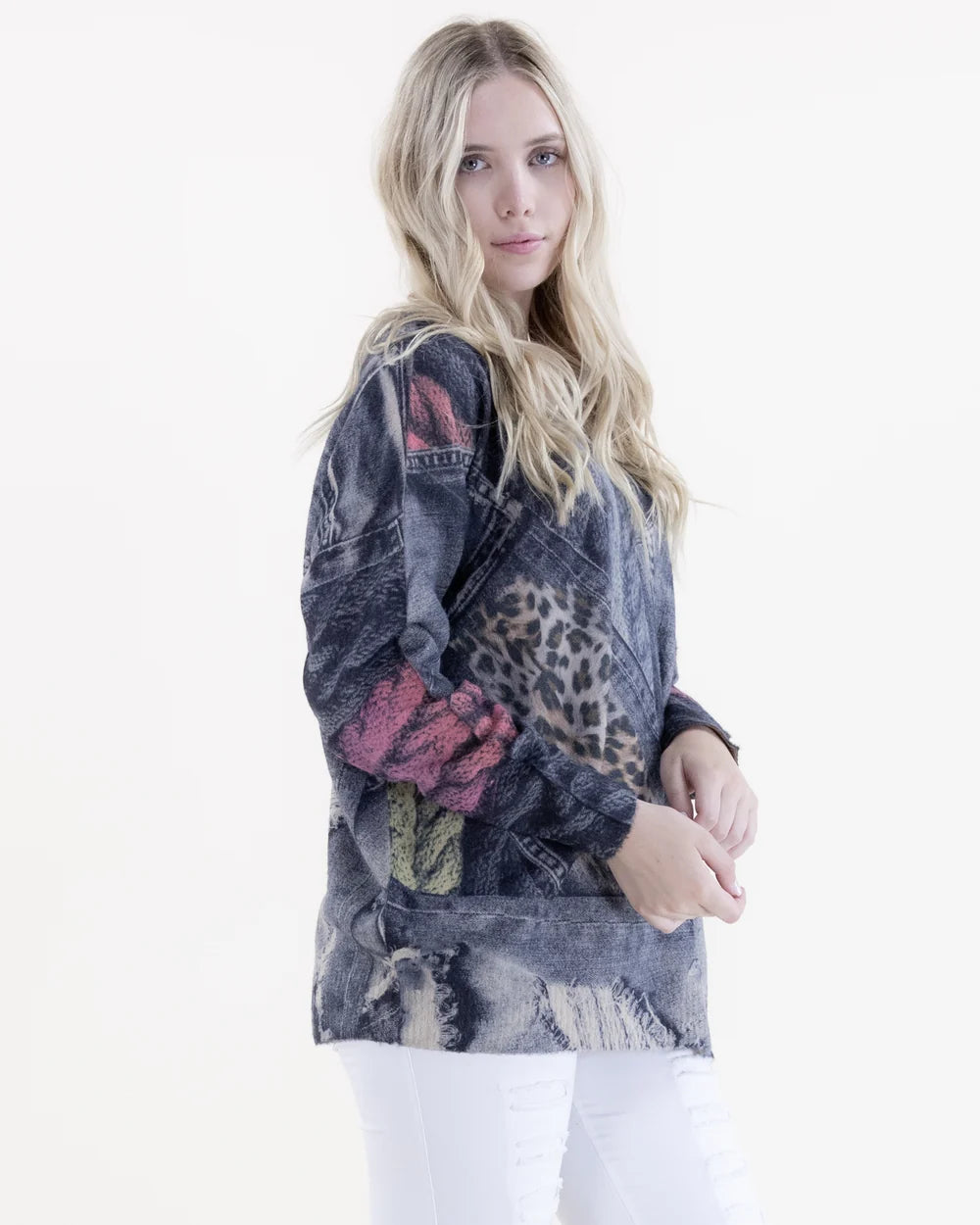 Denim Cheetah Digital Print V-Neck Sweater, Denim