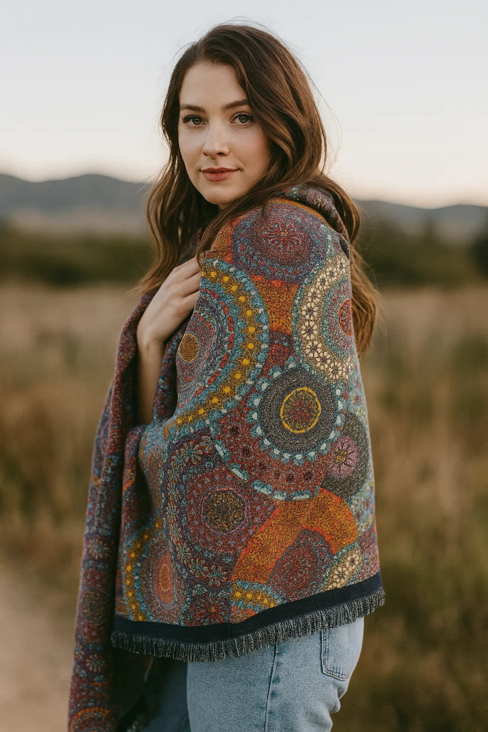 Overlapping Flower Circles Premium Scarf, Orange Burgundy
