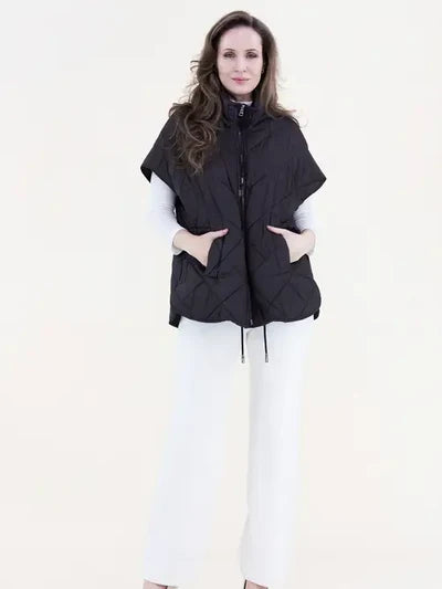 Boxy Diamond Puffer Vest, Funnel Neck, Black, One Size