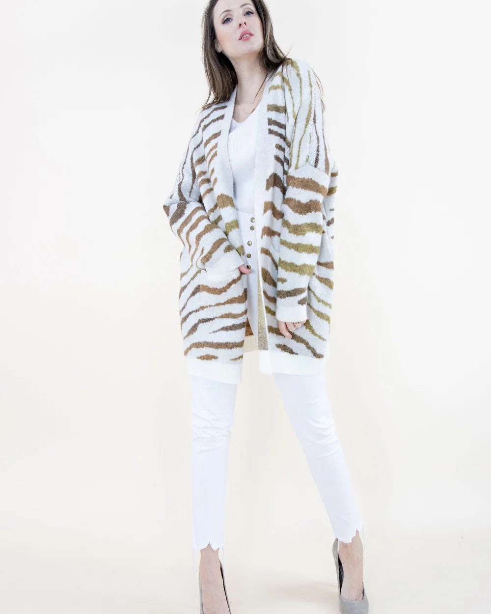 Tiger Print Cardigan with Pockets, Gold, S/M–L/XL