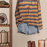 Striped Crochet-Look Button-Front Cardigan, Multicolor