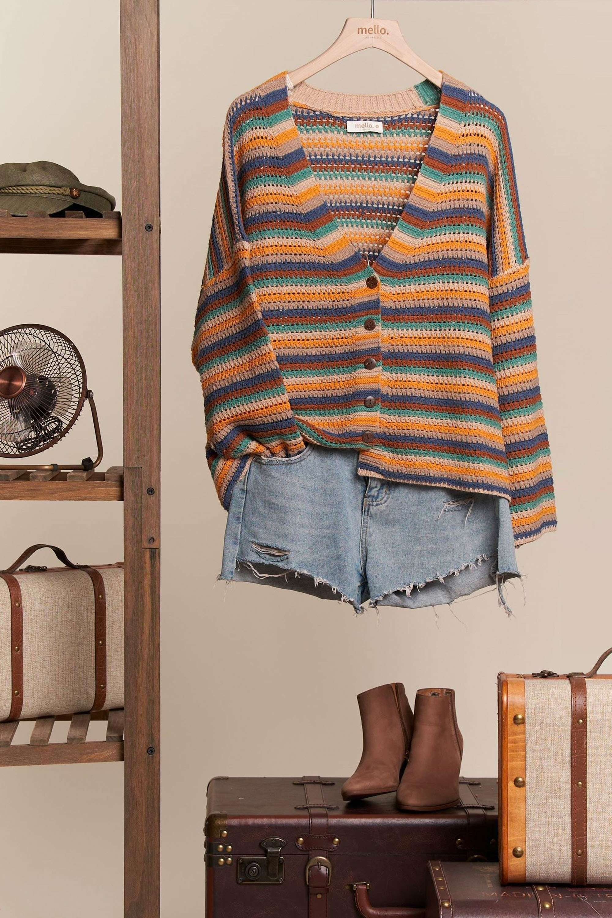 Striped Crochet-Look Button-Front Cardigan, Multicolor