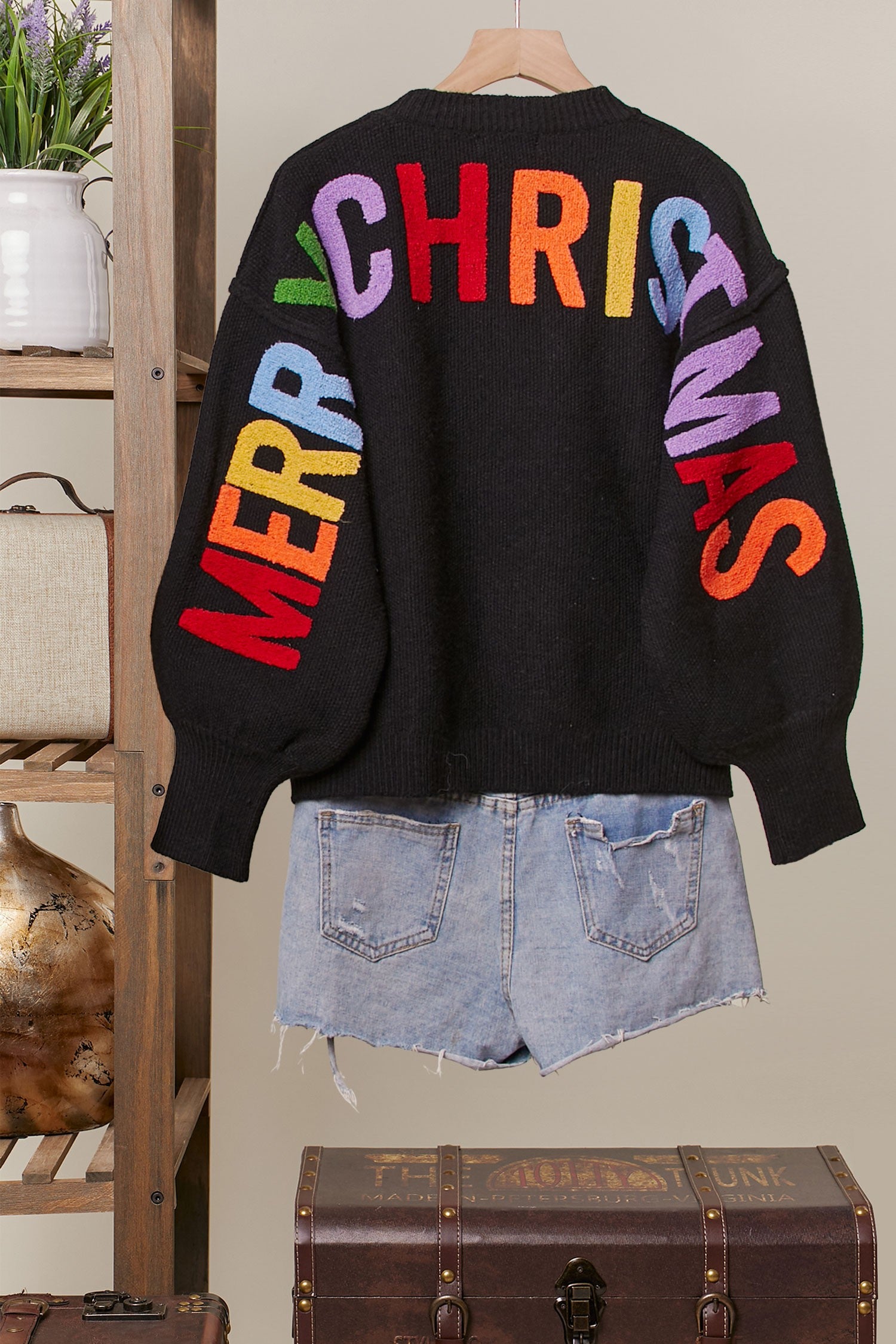 Ho Ho Ho Rainbow Letter Knit Sweater, Black