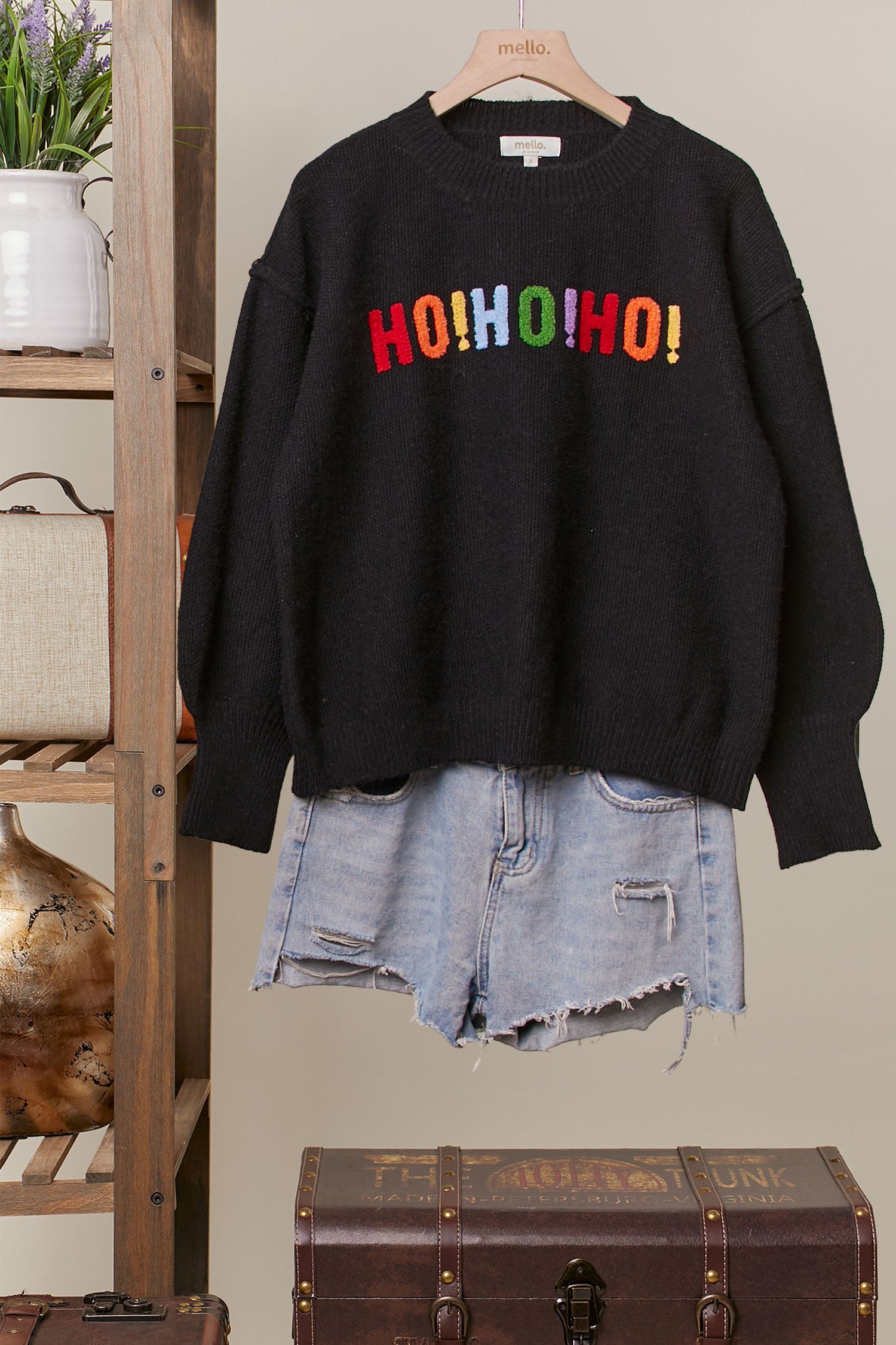 Ho Ho Ho Rainbow Letter Knit Sweater, Black
