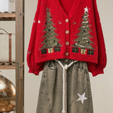 Christmas Tree Sequin Cardigan, Red