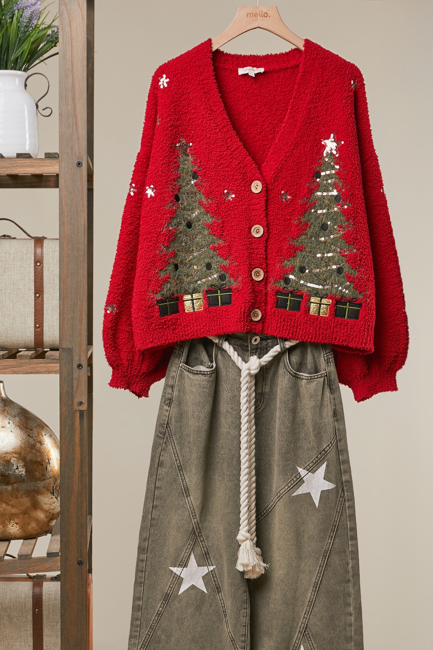 Christmas Tree Sequin Cardigan, Red