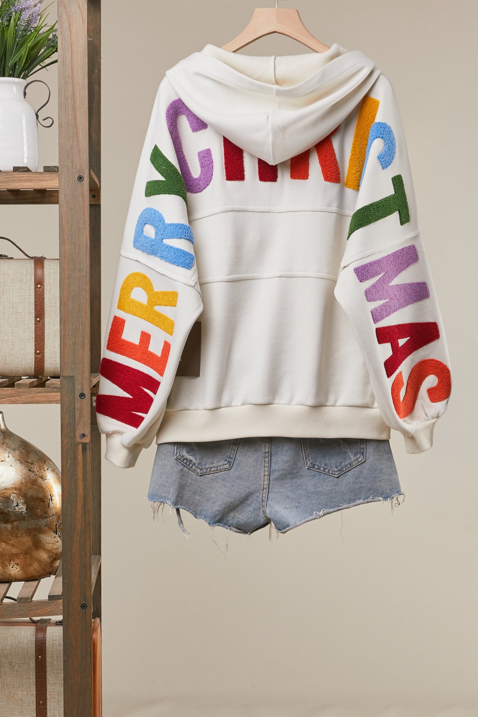 Merry Christmas Chenille Letter Hoodie, Cream