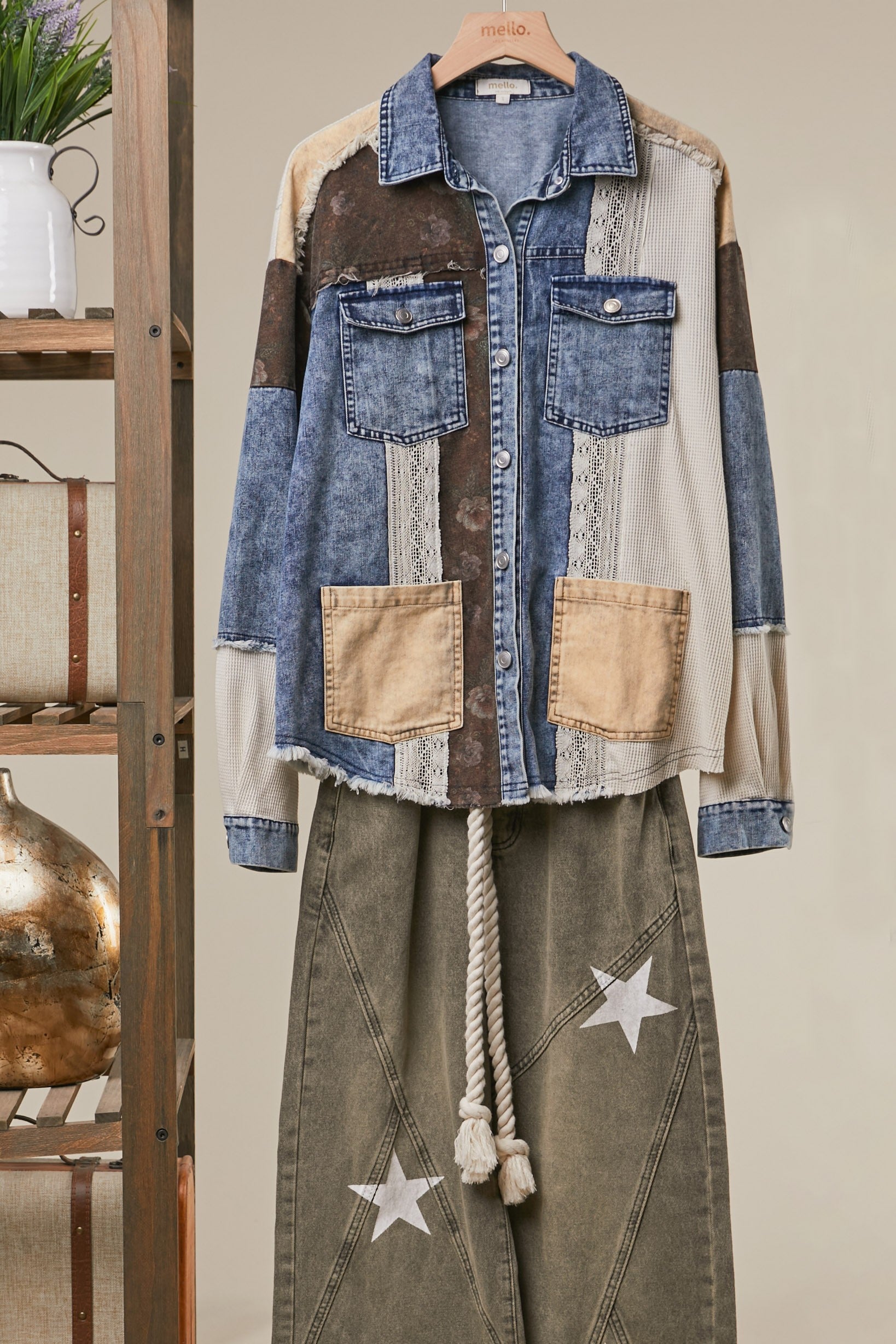 Patchwork Mixed-Media Jacket, Blue Denim Floral